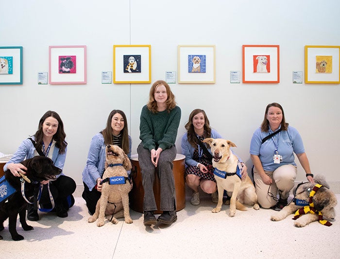 Kentucky Children's Hospital. Katie Carmichale sits among the hospital's therapy dogs and their handlers, with her portraits hanging on the wall above them