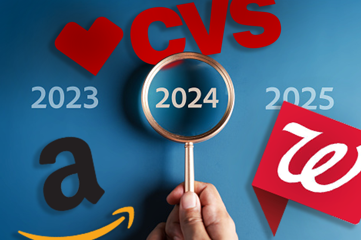 Takeaways from 3 Big Disruptors at JPM Healthcare 2024. A magnifying glass over the year 2024 surrounded by logos for CVS, Amazon, and Walgreens.