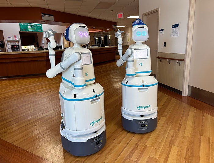Carilion Giles Community Hospital. Moxi Robots in hospital halls.