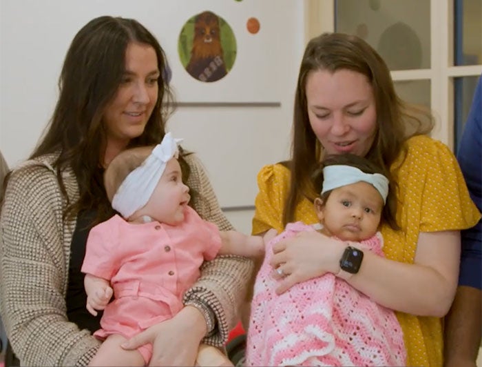 Morgan Stanley Children's Hospital of New York-Presbyterian. Brooklyn Civil and Mia Skaats, domino surgery organ recipients, sit on their mother's laps