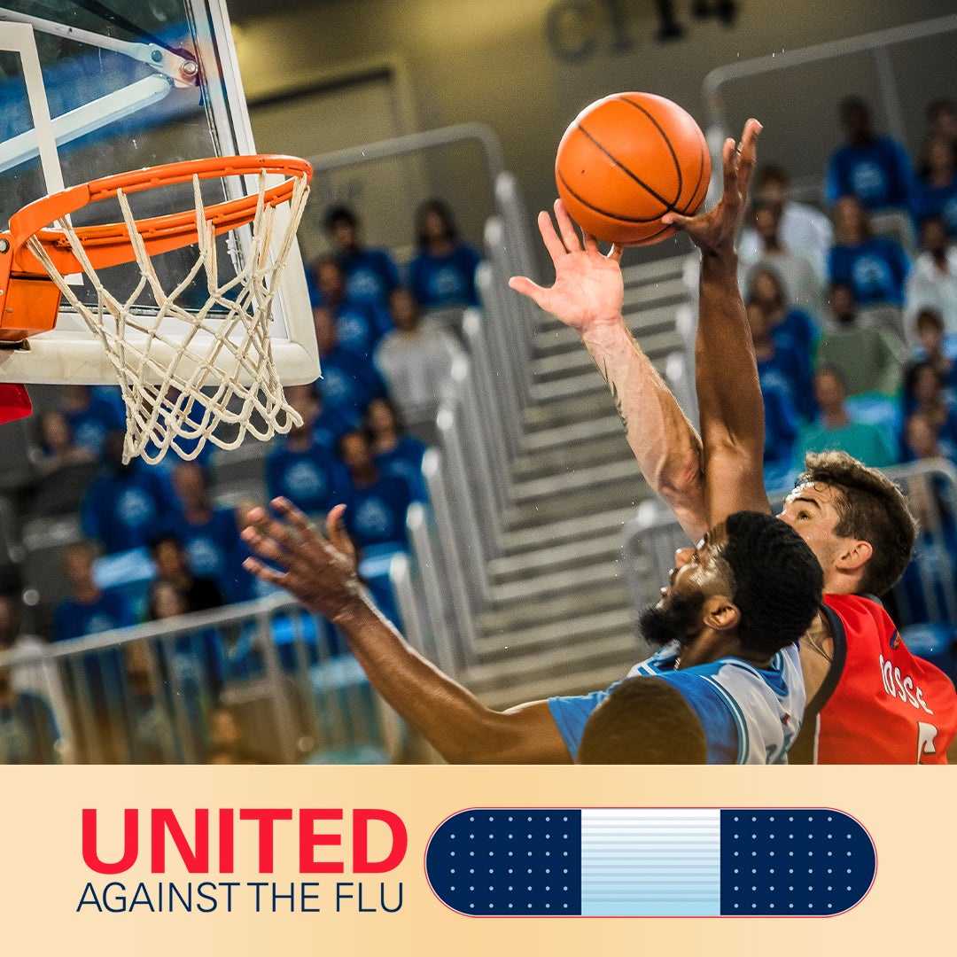 united against the flu logo below image of opposing basketball players jockeying for basketball at hoop