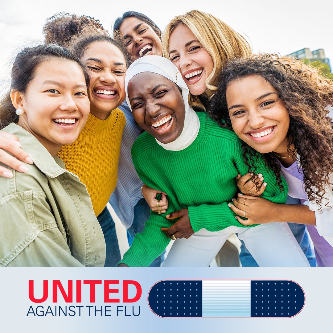 united against the flu logo below image of diverse group of young women smiling in a group