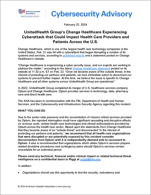 Cover Cybersecurity Advisory: UnitedHealth Group’s Change Healthcare Experiencing Cyberattack that Could Impact Health Care Providers