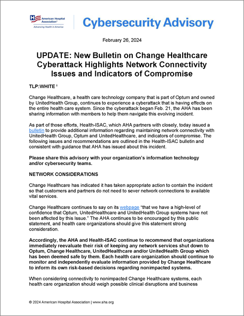 Cover UPDATE New Bulletin on Change Healthcare Cyberattack Highlights Network Connectivity Issues and Indicators of Compromise advisory