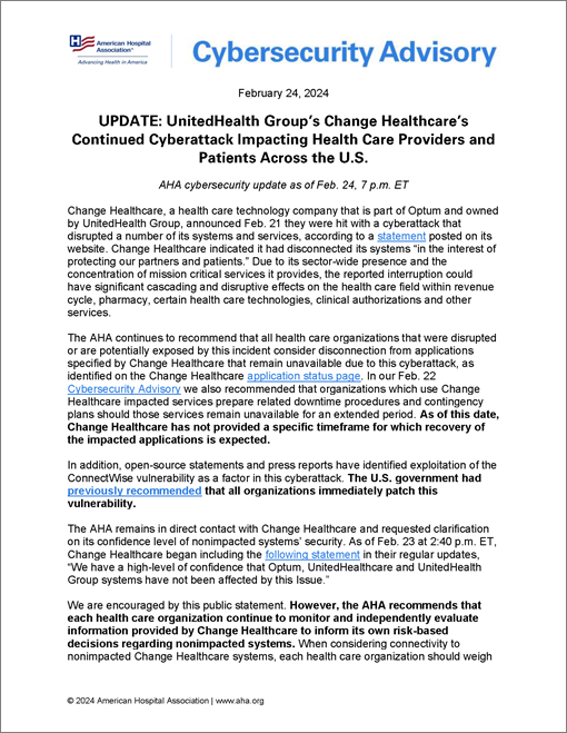 Cover Cybersecurity Advisory:  UPDATE: UnitedHealth Group’s Change Healthcare’s Continued Cyberattack Impacting Health Care Providers