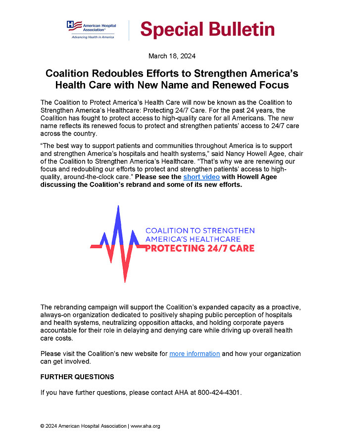 Special Bulletin: Coalition Redoubles Efforts to Strengthen America’s Health Care with New Name and Renewed Focus
