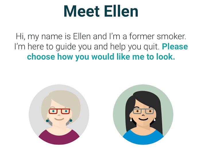 Fred Hutchinson Cancer Center. Quitbot illustration shows the Ellen bot avatar customization screen