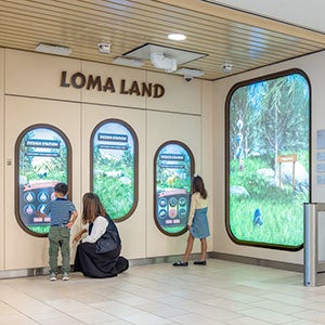 Loma Linda University Childrens Hospital. Two Children and a woman view the interactive Loma Land exhibit