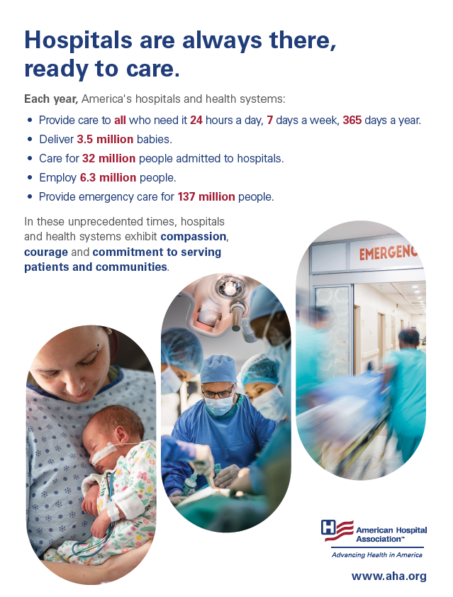 Hospitals are always there,ready to care. Each year, America's hospitals and health systems: Provide care to all who need it 24 hours a day, 7 days a week, 365 days a year; Deliver 3.5 million babies; Care for 32 million people admitted to hospitals; Employ 6.3 million people; Provide emergency care for 137 million people. In these unprecedented times, hospitals and health systems exhibit compassion, courage and commitment to serving patients and communities.