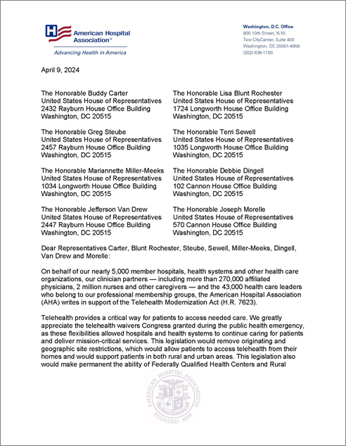 Cover Image AHA Letter of Support for the Telehealth Modernization Act (H.R. 7623)