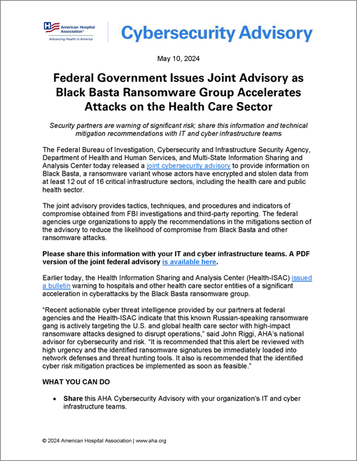  Cover Cybersecurity Advisory: Federal Government Issues Joint Advisory as Black Basta Ransomware Group Accelerates Attacks on the Health Care Sector
