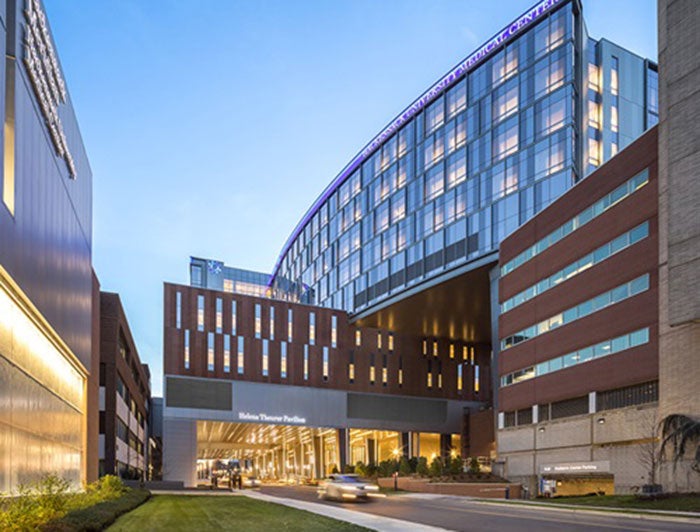 Hackensack Meridian Health. Exterior shot of hospital at dusk