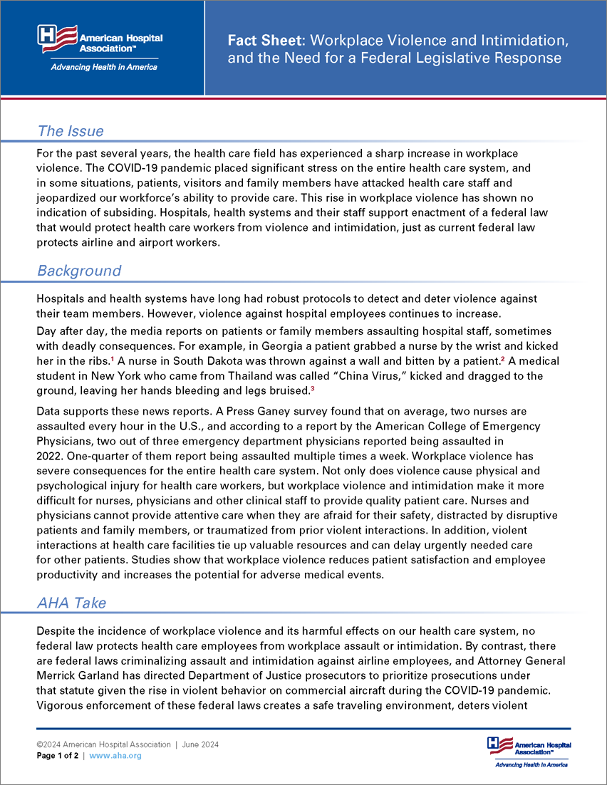 Fact Sheet: Workplace Violence and Intimidation, and the Need for a Federal Legislative Response page 1.