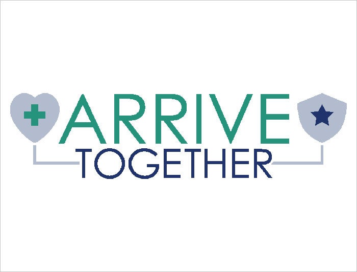 Newton Medical Center. Arrive Together logo - text is flanked by a cross inside a heart shape on left, and a star inside a shield shape on right