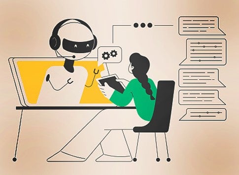 How to Improve Communications on Generative AI. An AI agent robot in a headset with a microphone emerging from a computer monitor chats with a woman at a desk with a tablet in her hands.