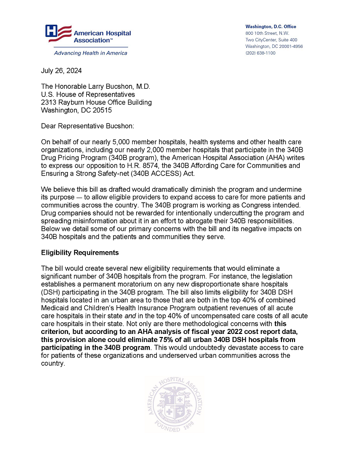 AHA Comments Opposing the 340B Affording Care for Communities and Ensuring a Strong Safety-net (340B ACCESS) Act H.R. 8574 page 1.