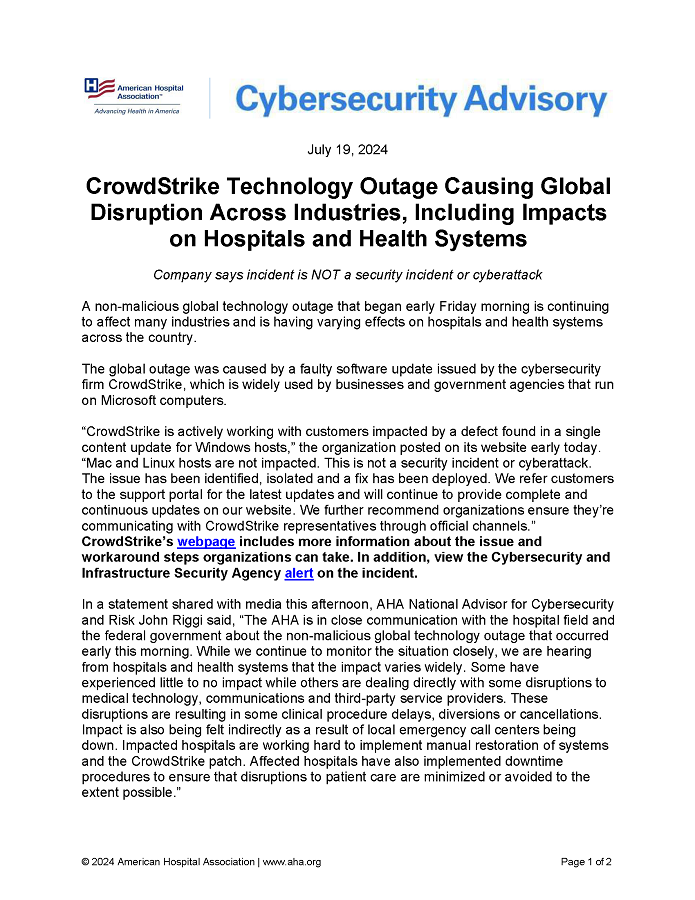 CrowdStrike Technology Outage Causing Global Disruption Across Industries, Including Impacts on Hospitals and Health Systems page 1.