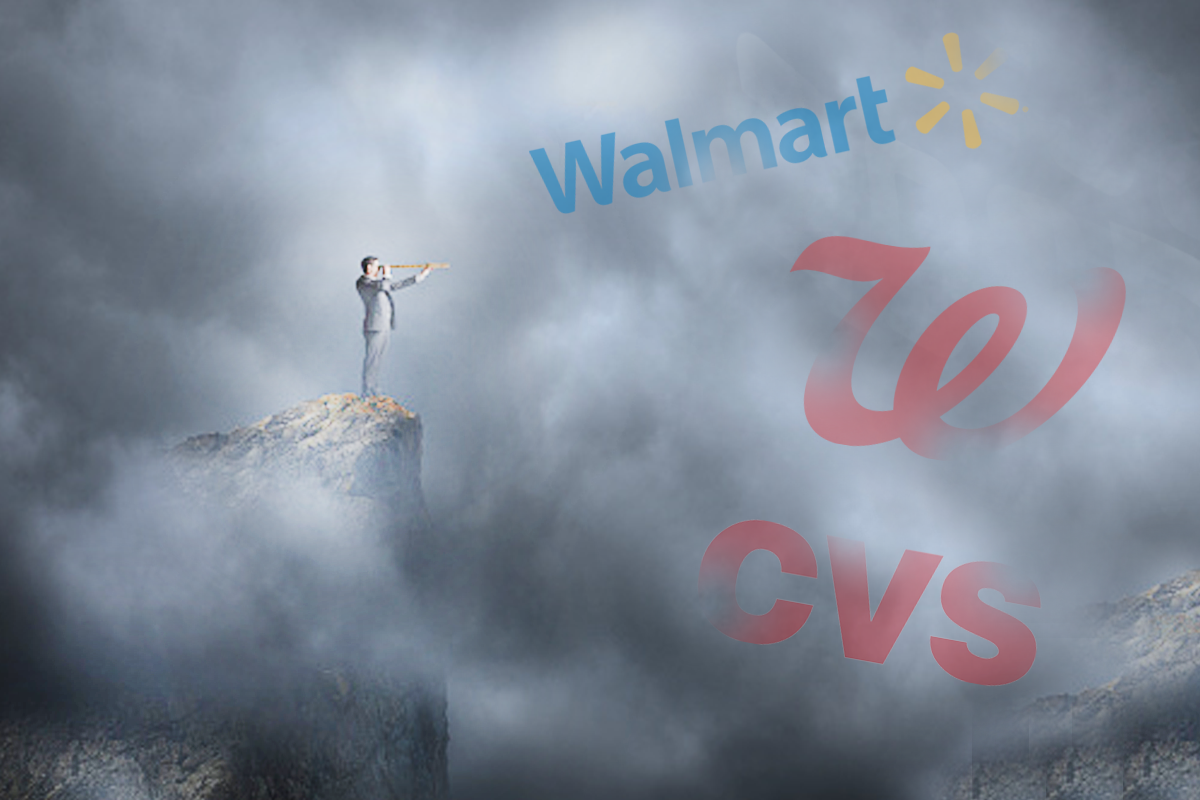 What to Make of the Seismic Shifts in Retail Health Care. A hospital executive on a mountaintop looks into a cloud of fog to see what the future holds for retail health care at Walmart, Walgreens, and CVS Health.