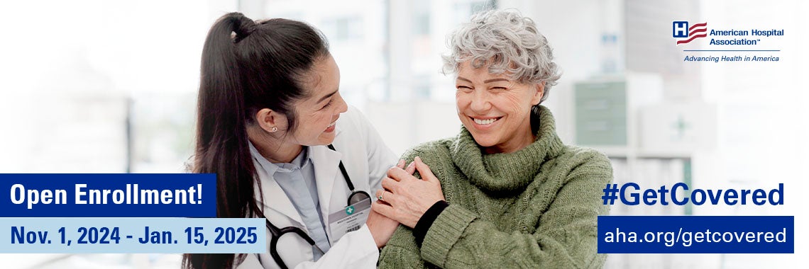 Enroll in Health Insurance. American Hospital Association. #GetCovered. A female physician is laughing with a grey haired female patient. 