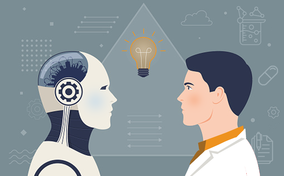 Are AI Chatbots Ready to Aid in Clinical Decision-Making? A robot and a doctor stand facing each other with a lightbulb going off between them.