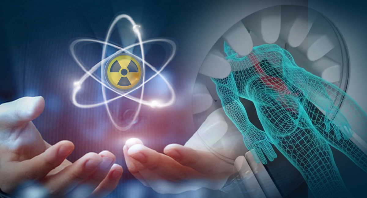 UCSF and Sutter Health Ink Tech Innovation Partnerships with GE HealthCare. A pair of hands hold a radioactive atom while a digital body goes into an MRI machine.