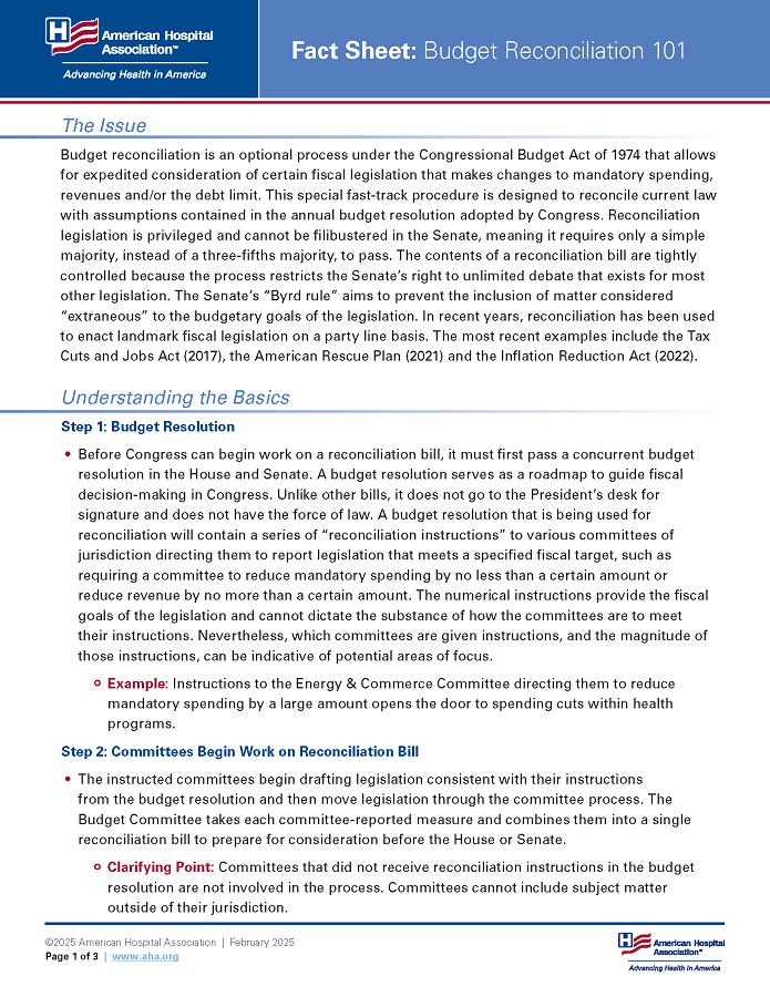 Fact Sheet: Budget Reconciliation 101 page 1.