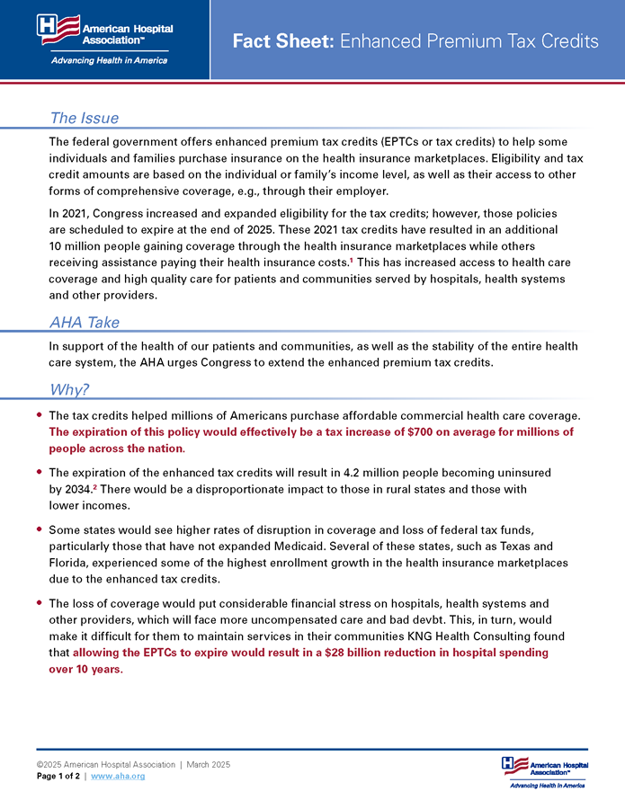 Fact Sheet Enhanced Premium Tax Credits AHA Fact Sheet Enhanced Premium Tax Credits AHA