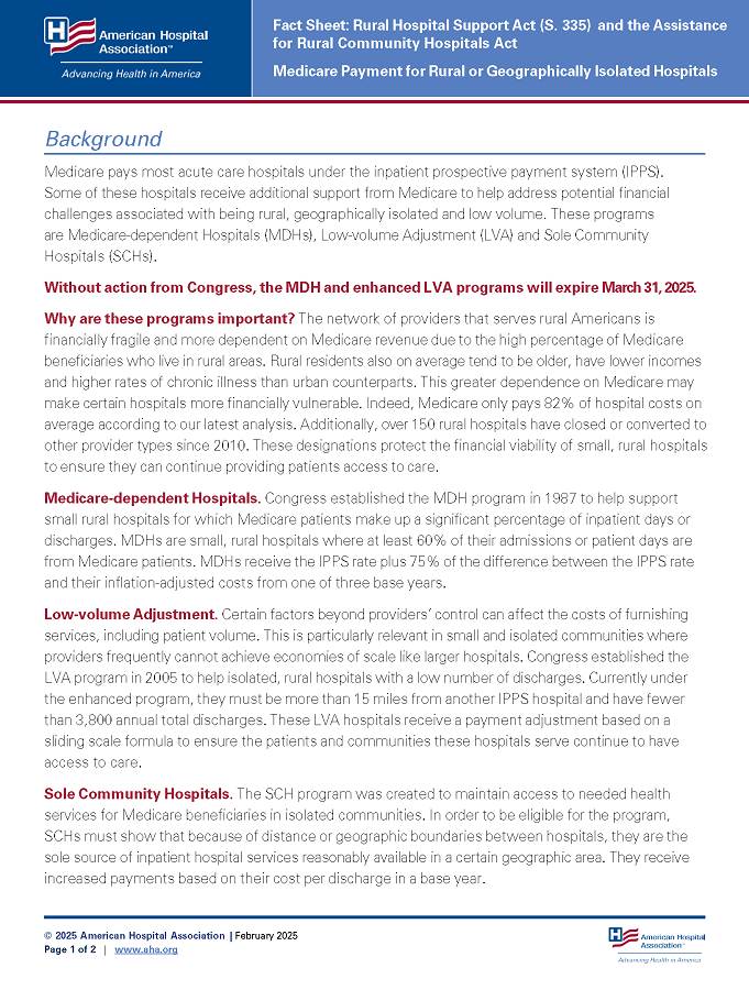 Fact Sheet: Rural Hospital Support Act (S.1110) & the Assistance for Rural Community Hospitals Act (H.R.6430) page 1.
