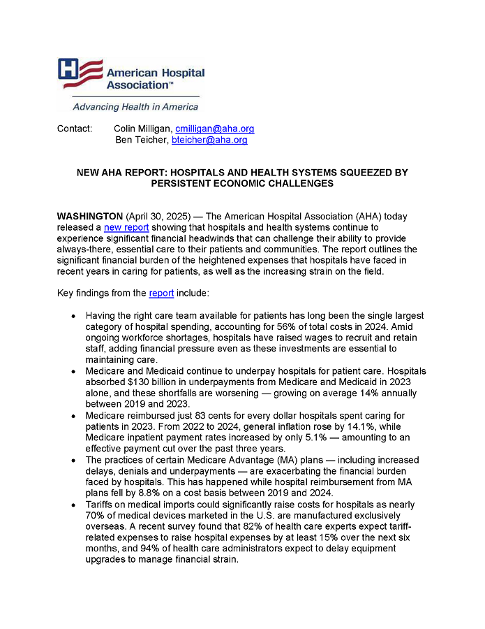 Press Release: Costs of Caring Report 2025 page 1.