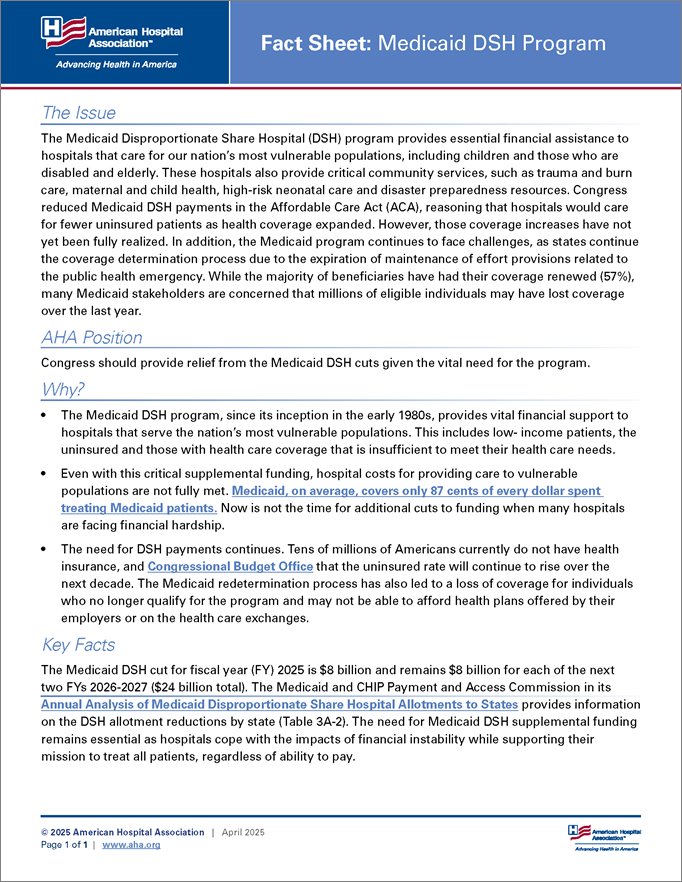 Fact Sheet: Medicaid DSH Program cover. Updated April   2025.