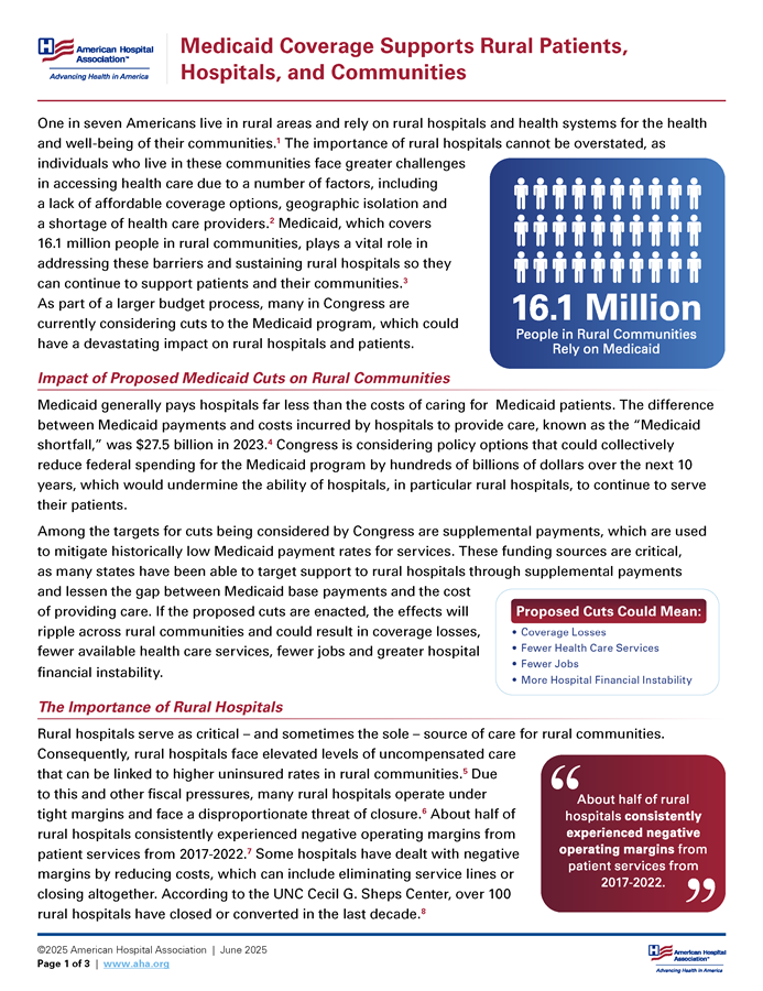 Medicaid Coverage Supports Rural Patients, Hospitals, and Communities page 1.