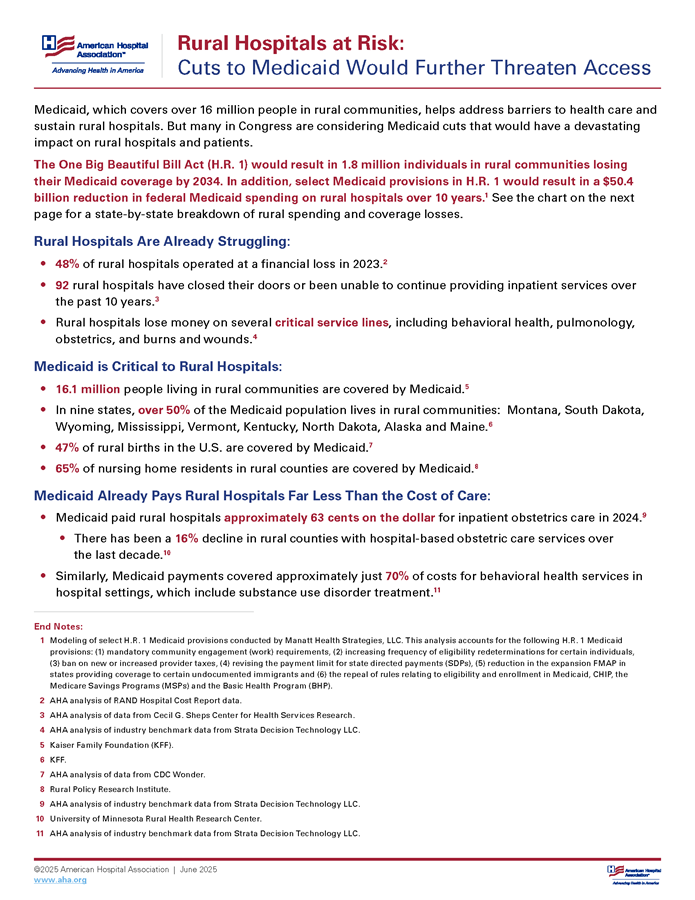 Rural Hospitals at Risk: Cuts to Medicaid Would Further Threaten Access page 1.