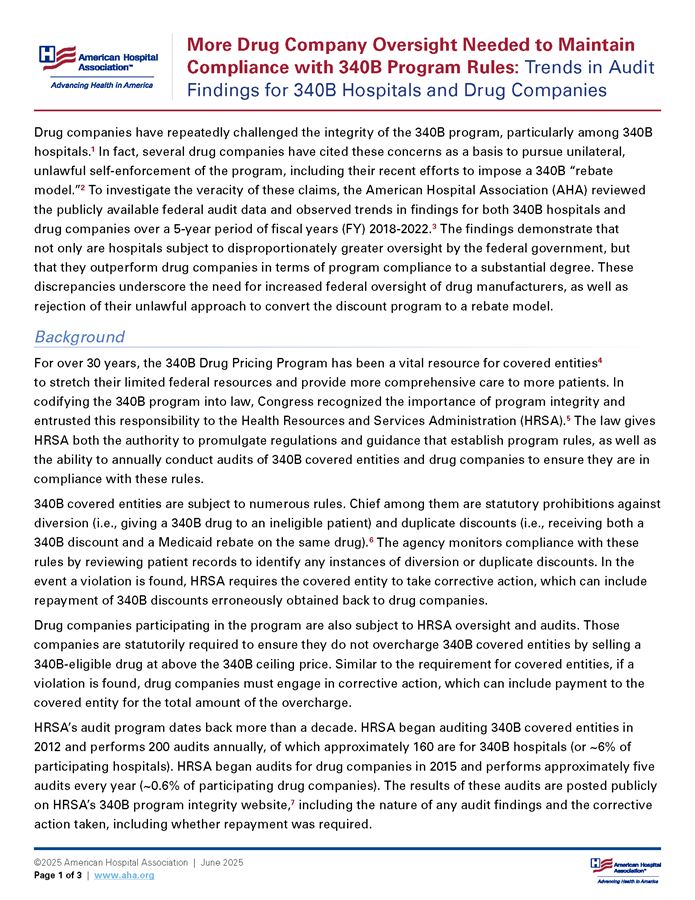 More Drug Company Oversight Needed to Maintain Compliance with 340B Program Rules page 1.