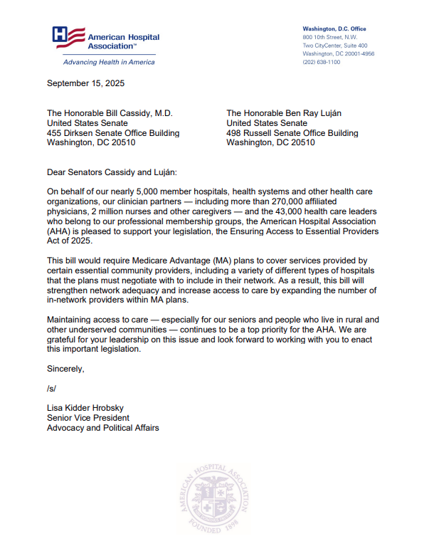 AHA Letter Supporting the Ensuring Access to Essential Providers Act of 2025 COVER