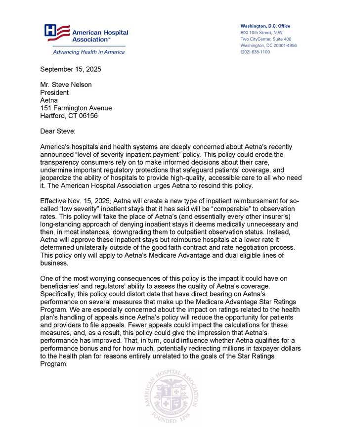 AHA Urges Aetna to Rescind Level of Severity Inpatient Payment Policy page 1.