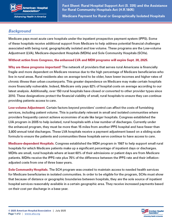 Fact Sheet: Rural Hospital Support Act (S. 335) and the Assistance for Rural Community Hospitals Act (H.R.1805) page 1.