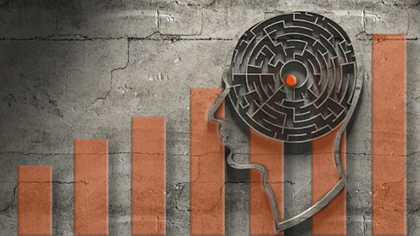 Behavioral Health Outpaces Primary Care in 2024. A bar charter showing progress over time with a human head in silhouette with the brain as a maze overlayed on top of it.
