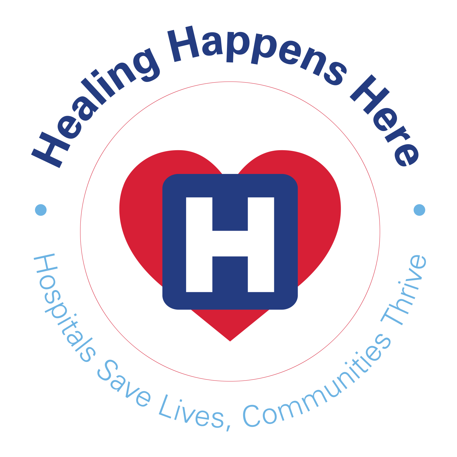 Blue and white H hospital logo inside a red heart by text: Healing Happens Here. Hospitals save lives, communities thrive.