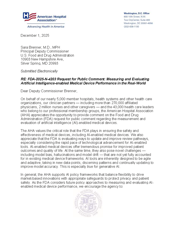 AHA Letter to FDA on AI-enabled Medical Devices page 1.