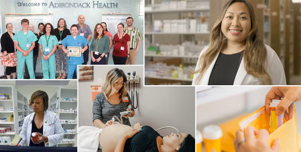 340B Benefits Patients and Communities: Examples from the Frontlines. Staff at Adirondack Health stand together with an award they received. A clinician stands in front of pharmacy shelves. A pharmacist in a hospital fills a prescription. A clinician performs an ultrasound on a pregnant patient. A pharmacist places a prescription drug bottle in a mailing envelope.