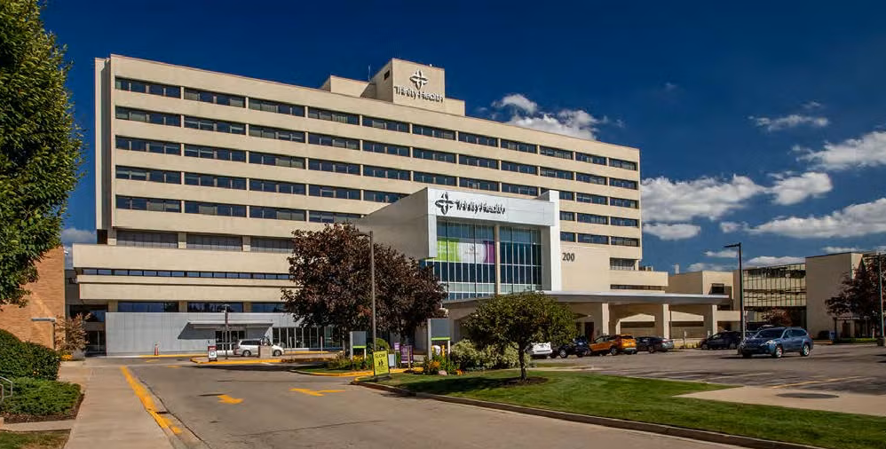 Trinity Health Grand Rapids. The front of the Trinity Health Grand Rapids hospital.