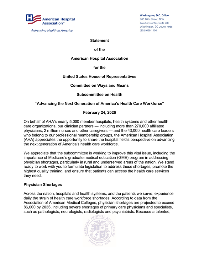 AHA Statement to House W&M Committee Advancing the Next Generation of America’s Health Care Workforcecover.