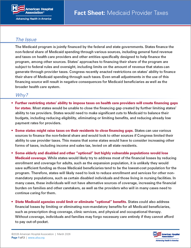 Fact Sheet: Medicaid Provider Taxes page 1.