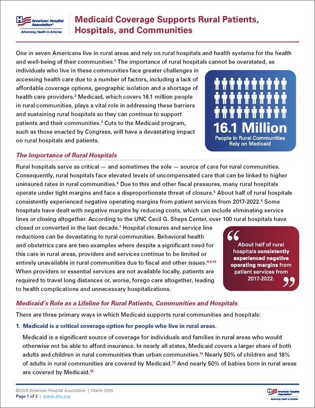 Medicaid Coverage Supports Rural Patients, Hospitals, and Communities fact sheet page 1.