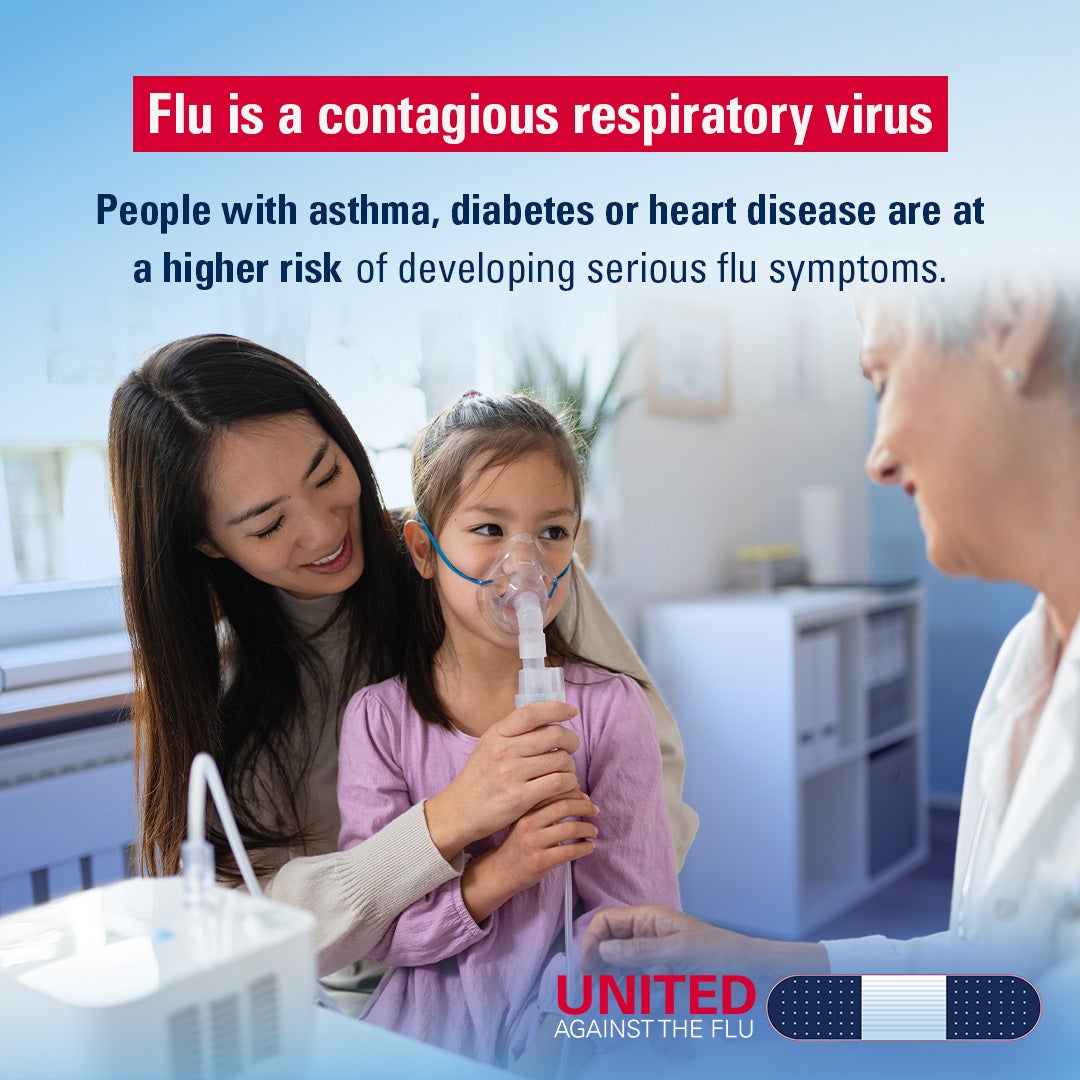 A woman holds a nebulizing mask to a young girls face in a doctor's office. Text: Flu is a contagious respiratory virus. People with asthma, diabetes or heart disease are at a higher risk of developing serious flu symptoms. United Against the Flu