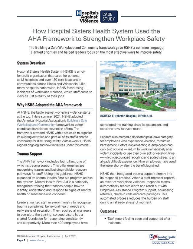 Cover of the Hospitals Against Violence Case Study: How Hospital Sisters Health System Used the AHA Framework to Strengthen Workplace