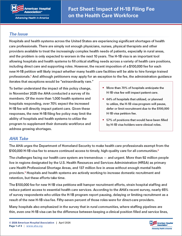 Cover Fact Sheet: Impact of H-1B Filing Fee on the Health Care Workforce