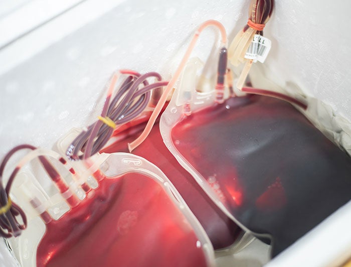 Blood transfusion bags in a transport cart