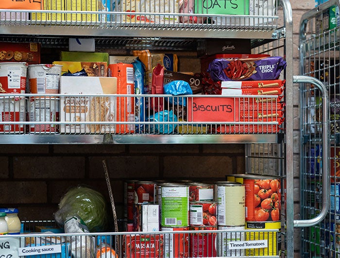 Packaged food on commercial food pantry shelves