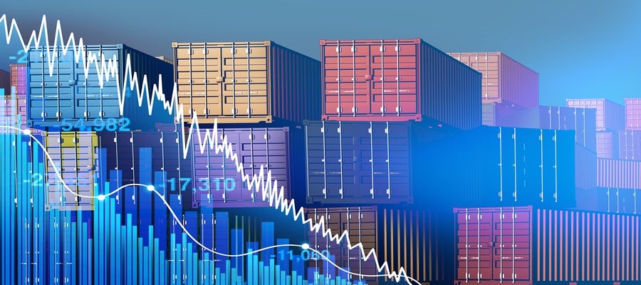 Stacks of shipping containers with a downward sloping trend line superimposed over top